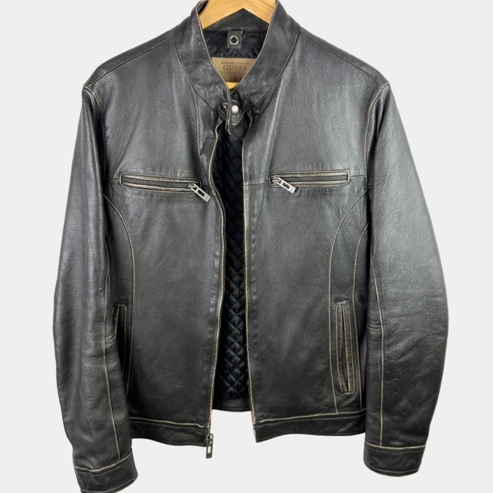 Guess | Distressed Genuine Leather Biker Jacket